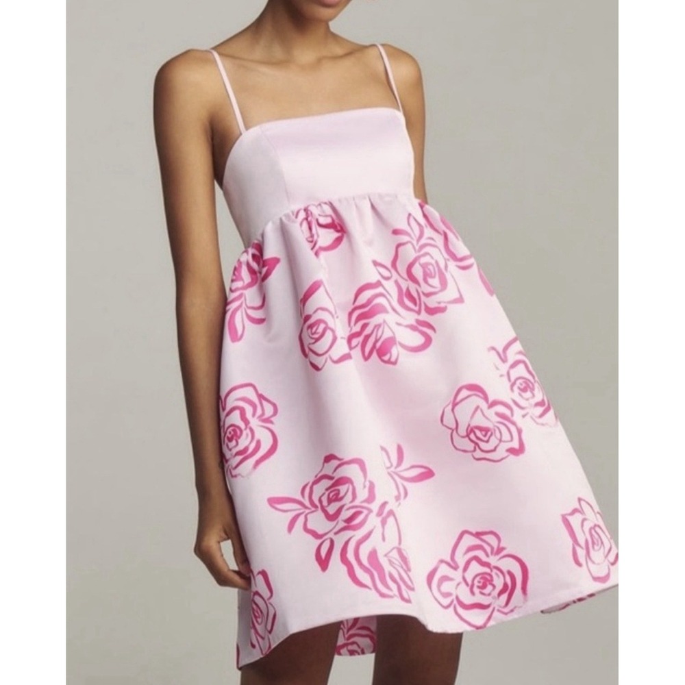 Maeve Anthropologie Baby Doll Pink Satin Floral Dress Spring Summer